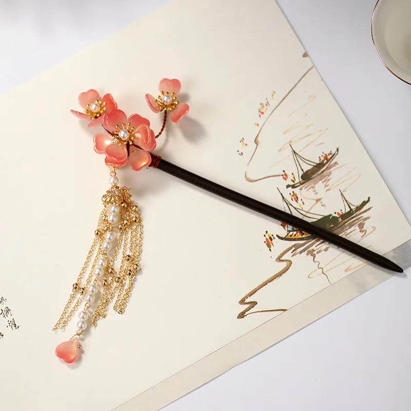 Ancient Style Magnolia Hairpin Artificial Transparent Glass Flower Tassel Hair Stick Wooden Simple Updo Hairpin New Year Gifts image 6