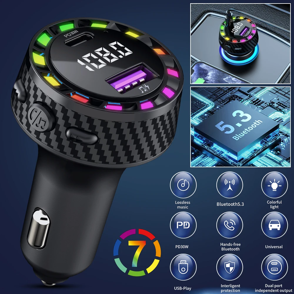 Car Bluetooth 5.3 FM Transmitter Car Charger Audio Dual USB Type C Fast Charger Colorful Light Handsfree MP3 Player