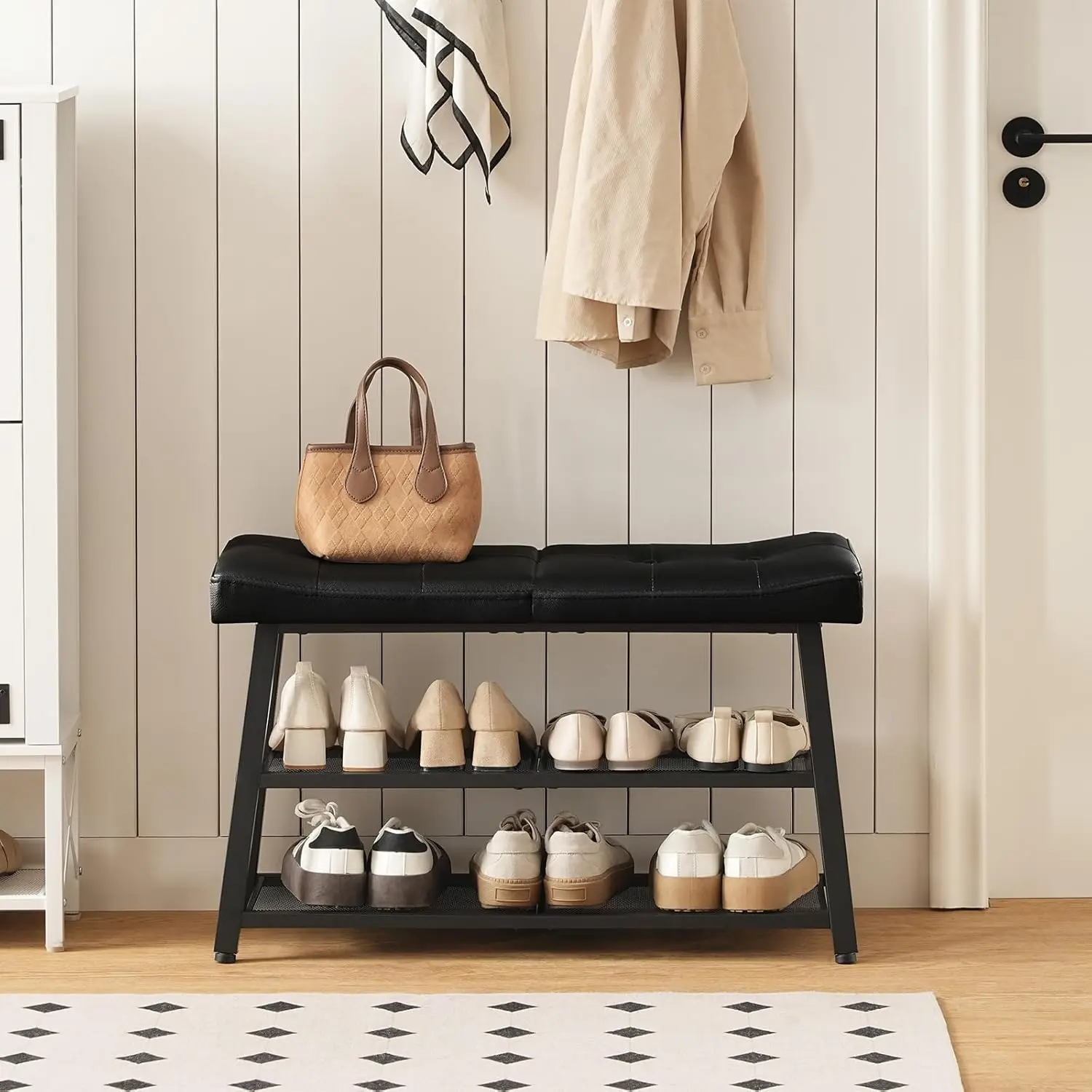 3-Tier Shoe Bench with Cushion Seat for Entryway Hallway Bedroom, Storage Rack for Shoes and Boots, Black view 4