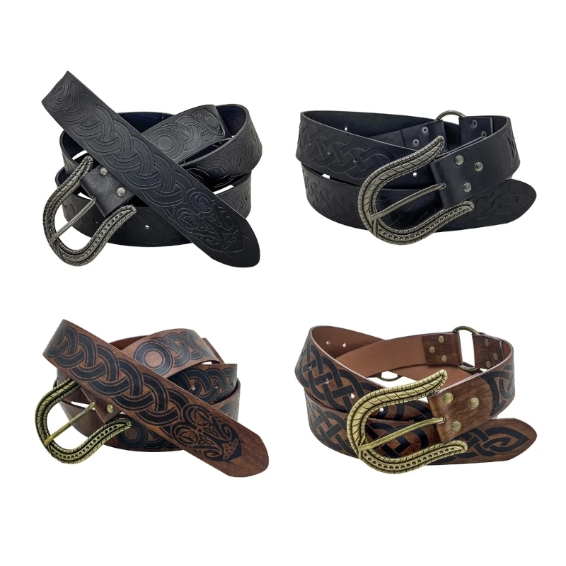 Middeleeuwse vintage Keltische riem voor mannen Ridderriem reliëf PU lederen O-ring riem voor Cosplays kostuumaccessoire