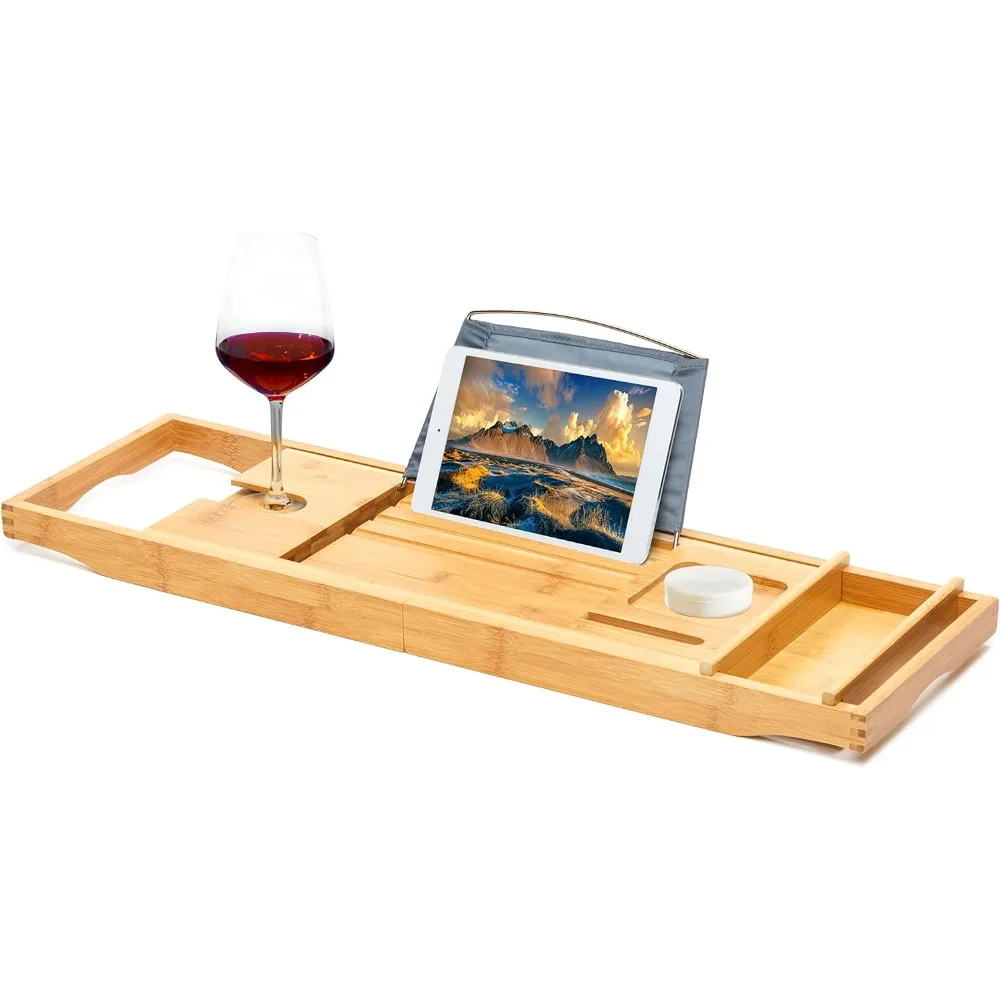 

Бамбуковый поднос для ванны, расширяемый столик для ванны над ванной со стеклянной книгой, регулируемый поднос-органайзер для ванной комнаты, вина и фо