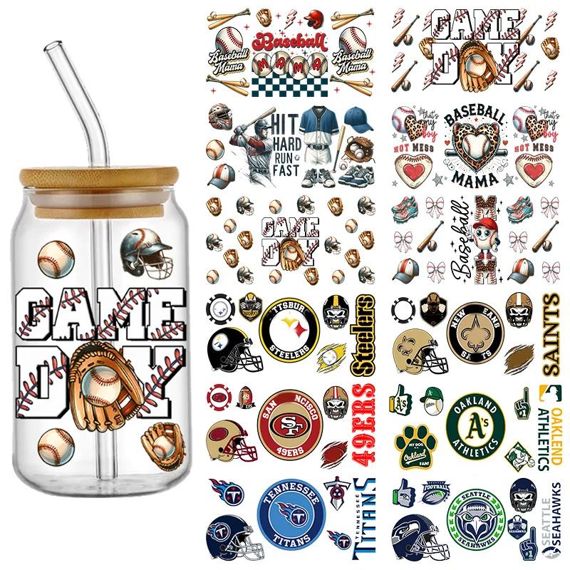 Pegatinas de transferencia de equipo de béisbol de fútbol deportivo, pegatinas impermeables UV DTF para tazas, pegatinas 3D DIY para vidrio Libbey de 16oz