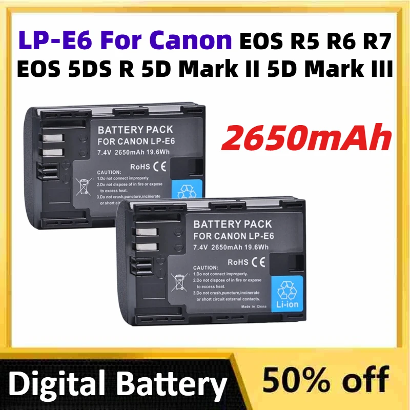 7.4V 2650mAh LP-E6 Rechargeable Batteries for Canon EOS R5 R6 R7 EOS 5DS R 5D Mark II 5D Mark III 6D 7D 80D 90D Camera Battery