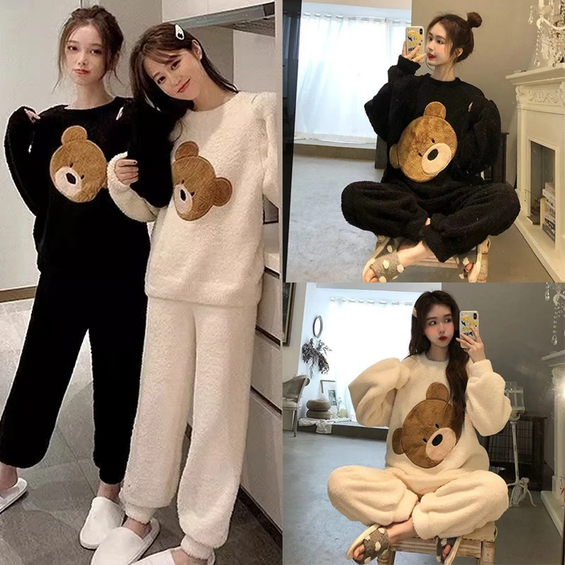 New Two-Piece Set of Ladies Fall and Winter Pajamas Girlfriends Dress Long-Sleeved Cute Cartoon Bear Pullover Loungewear Suit