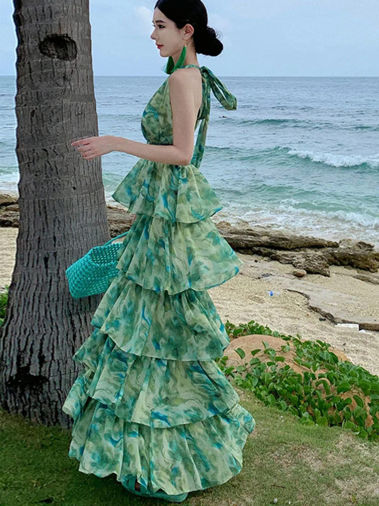 Women Summer Fashion Floral Green Printing Halter Bow Tie Neckline Backless Layered Long Casual Dresses Holiday