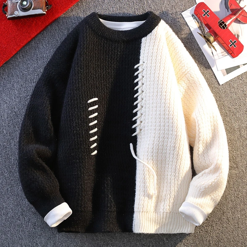 

Men's Autumn Winter Long Sleeves Knit Sweater Round Neck Personality Splice Wearing Rope Best Seller Pullover Trend Fashion Tops