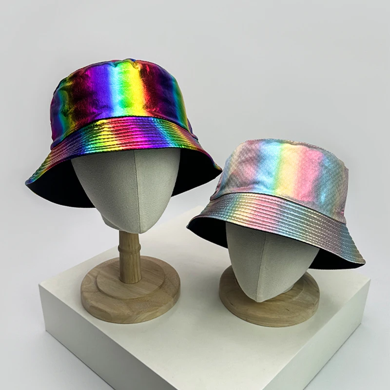 New Unisex PU Leather Colorful Reflective Bucket Hats Double Sided Sunshade Breathable Fisherman Caps Versatile Fashion Personal