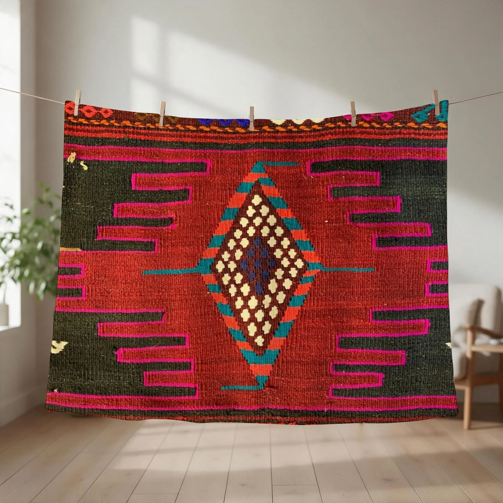 Decorative Kilim, Navaho Weave, Woven Textile Throw Blanket couch cozy soft plush fuzzy picnic outdoor blanket