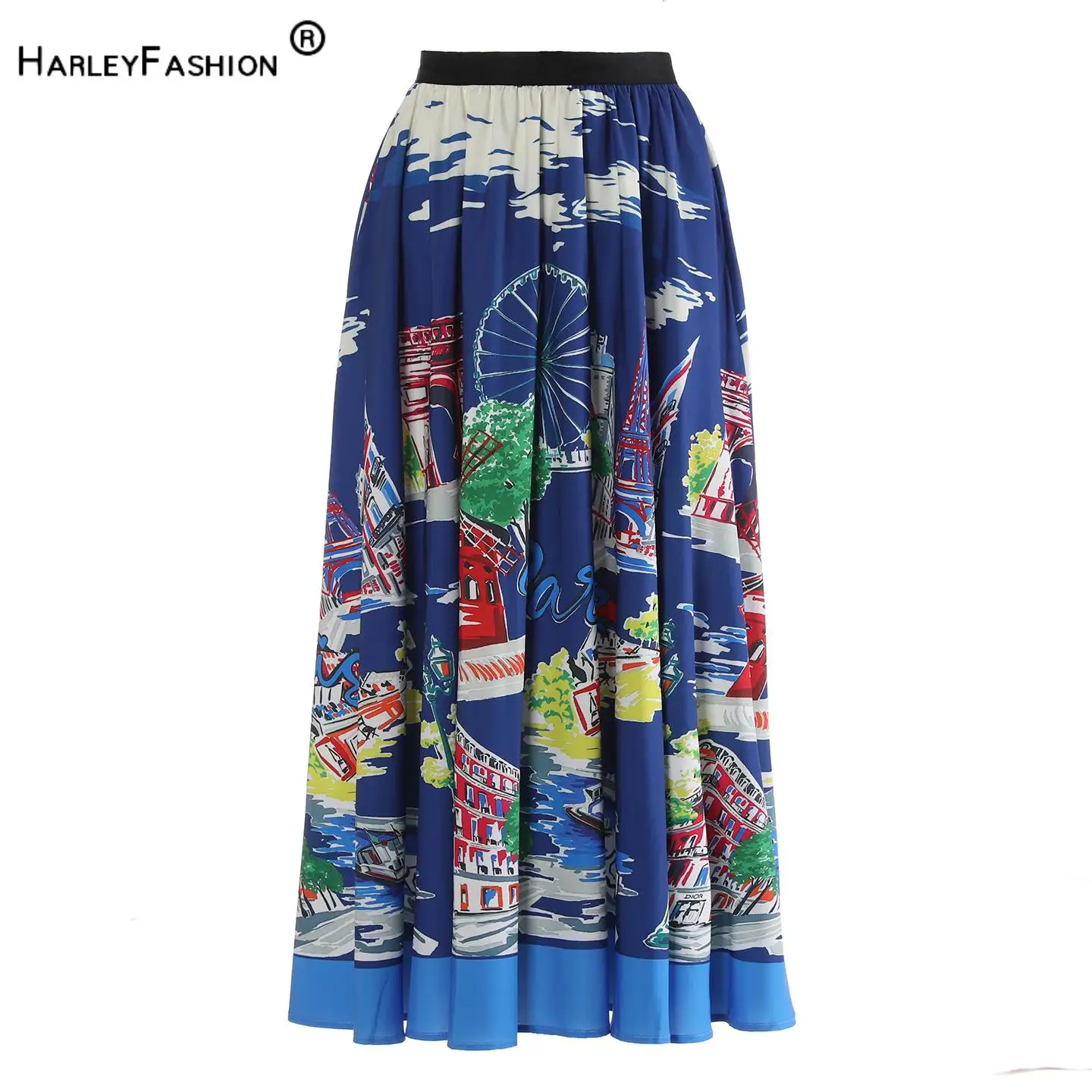 

Blue Floral Vintage Style 2025 Lady Casual Wear Elastic Waist Designed Patchwork Printing A-line Full Skirt Women