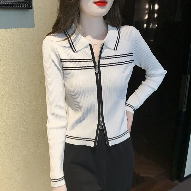 Spring and Autumn Women\'s Splicing Collar New Small High-end Fashion Zipper Lapel Sweater Cardigan Short Slim Fit Trendy Top