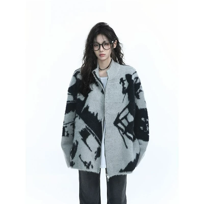 

Faux Mink Fleece Jacquard Sweater Warm Jacket for Women 2026 Autumn New Style Fashionable Loose Good Looking Knitted Cardigan