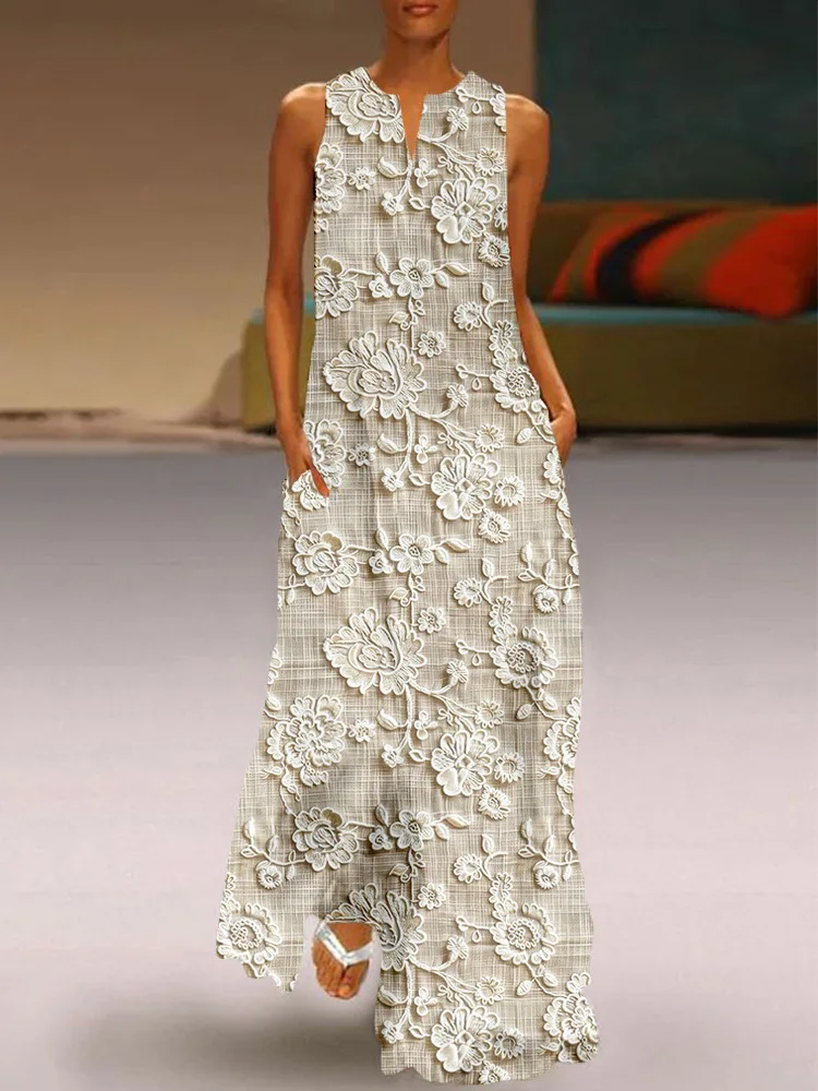 Vrouwen Print Jurken V-hals Mouwloos Gesplitste Zakken Vloerlengte Jurk Een Lijn Dame Casual Vestidos Maxi Strand Zomer 2025,