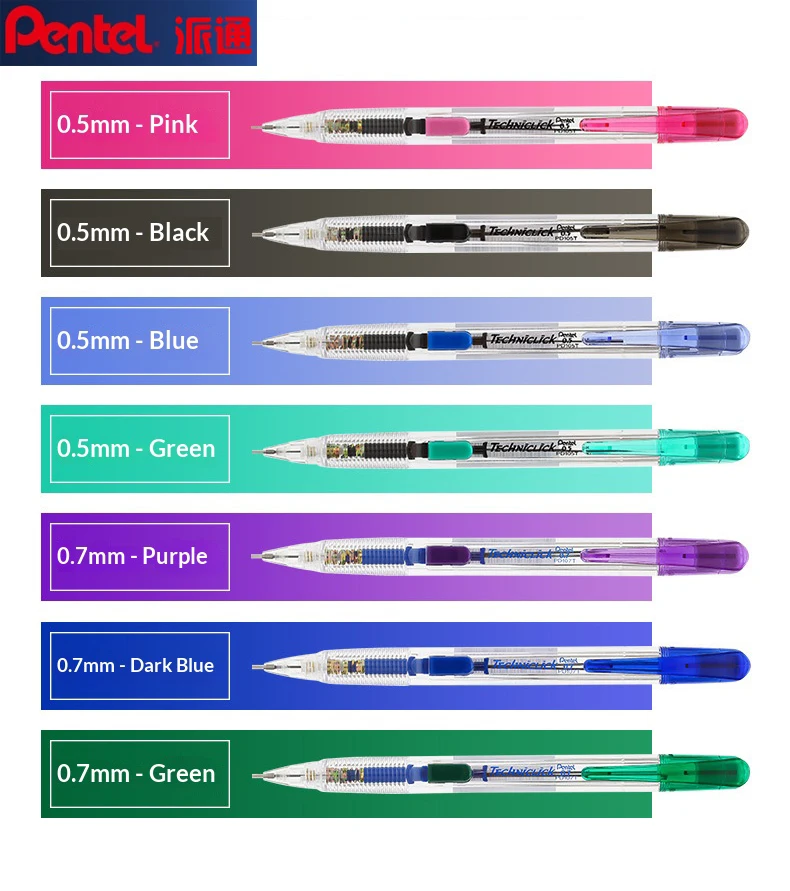 Pentel PD105T Techniclick Mechanical Pencil,0.5/0.7mm Transparent Barrel Side Click Pencil ForKid&Student Anti-Break Lead Design