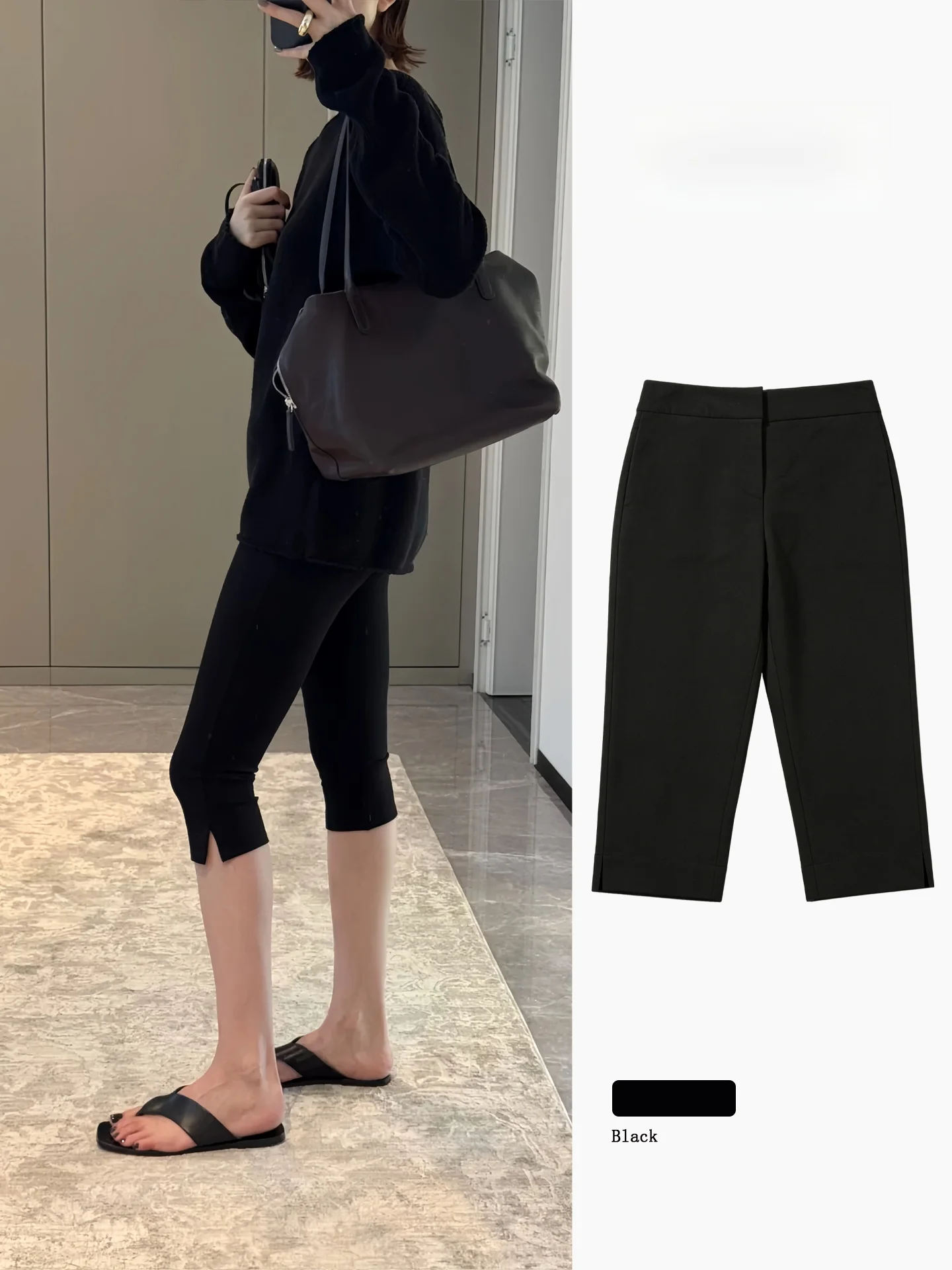 

High Waist Seven-Foot Tailored Pants for Women Black Slimming Commute Casual Mid-Length Split Polyester Fiber Straight Leg