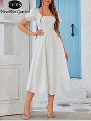 NewAsia Puff Sleeves Square Neck White Midi Dress Backless Ruched A-Line Fashion Going Out Casual Long Dresses Summer