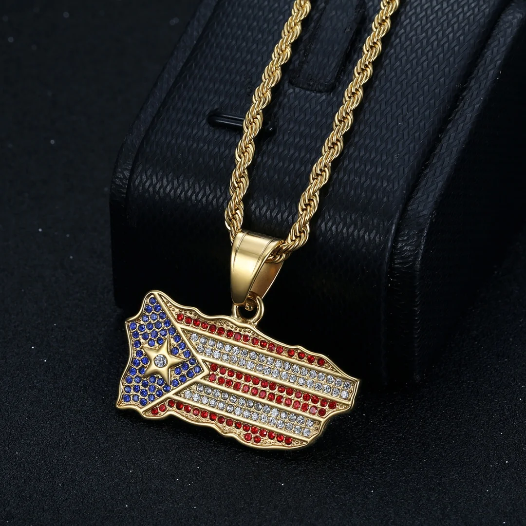 Hip hop Cuba of Map Iced Out Shiny Tennis Zirconia Pendant Women Gold Silver Color Stainless Steel Necklace for Men Jewelry Gift