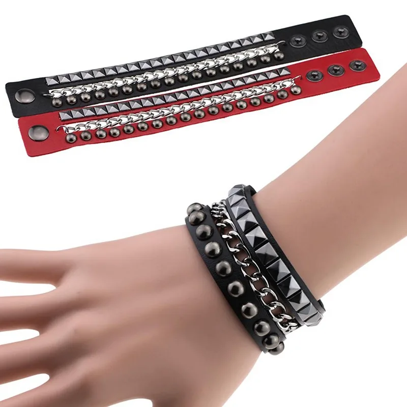 Vintage Leather Bracelet Three Row Cuspidal Spikes Rivet Stud Wide Cuff PU Leather Punk Gothic Rock Unisex Bracelet Men Jewelry