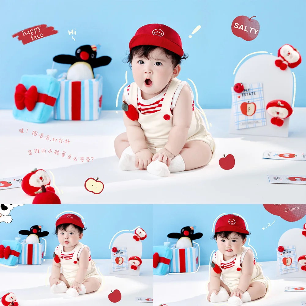 1st Birthday Apple Party Theme Baby Photography Props Baby Photo Costume Set Cartoon Decorations for Studio Toddler Shoot Props