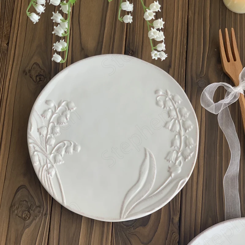 French Embossed Lily of The Valley Dinner Plate European Classical White Cake Dessert Plates Afternoon Tea Bread Dish Tableware