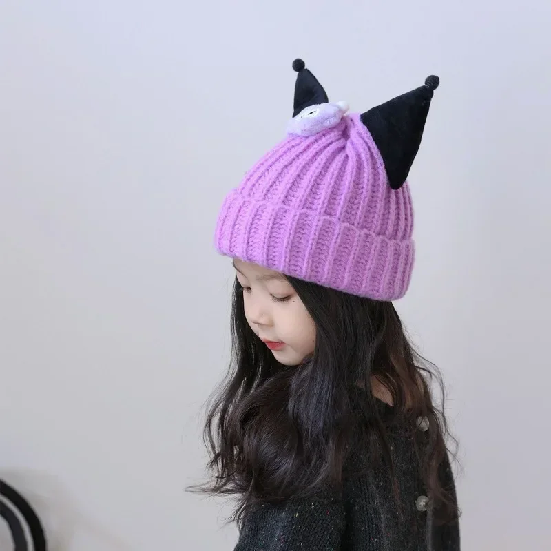 Dulce Kuromi Anime Sanrio Ins Kawaii niños gorros cálidos invierno lindo dibujos animados tejido orejeras gorra regalos encantadores para niños