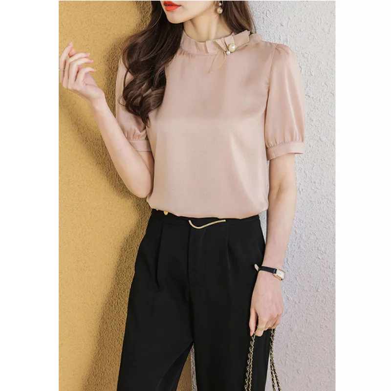 Women\'s 2024 New Summer Pullovers Solid Color Stand Collar Bow Fashion Elegant Loose Casual Versatile Short Sleeve Chiffon Tops