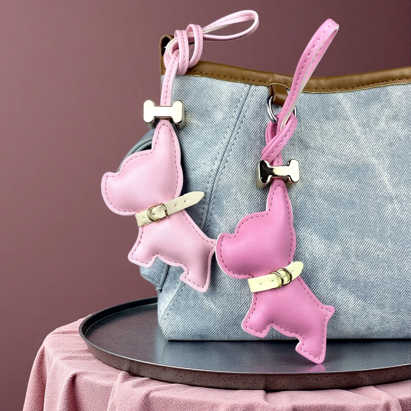 7 Color Frenchbull Dog PU Leather Bag Charm-Aesthetic Lavender&Pink Keychain With Bone Bead-Trendy Car Charm-Gift For Dog Lovers