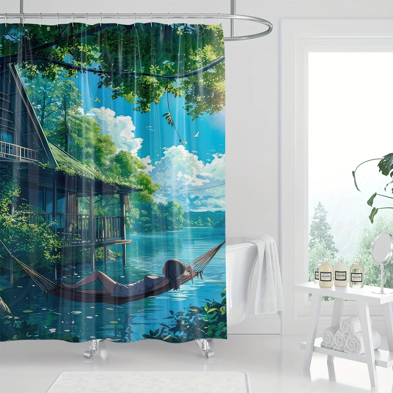 

~O~Artistic Landscape Shower Curtain, Digital Print, Water-Resistant Polyester, Hooks Included, Machine Washable, All-Season Dec