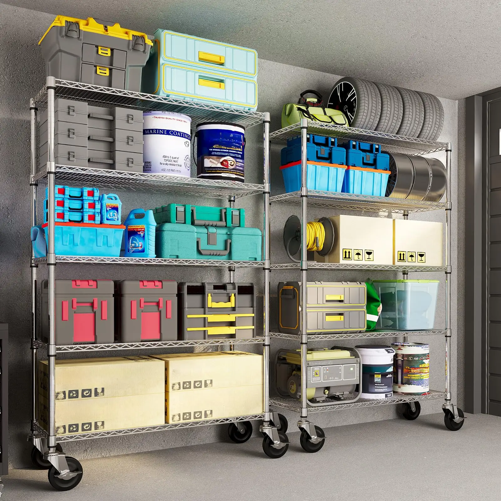 4/5/6-Tier Wire Shelving with Wheels, Metal Storage Shelves Heavy Duty, Chrome Plating, NSF, Adjustable Utility Shelf Rack for Kitchen, Garage, Pantry, Commercial, 47.2
