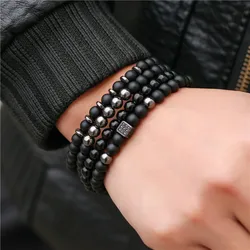 Unique Men Bracelet Set Black Onyx Stone Beaded Braclet Hematite Healing Braslet Luxury Zirconia Brazalete Gifts For Him Pulsera