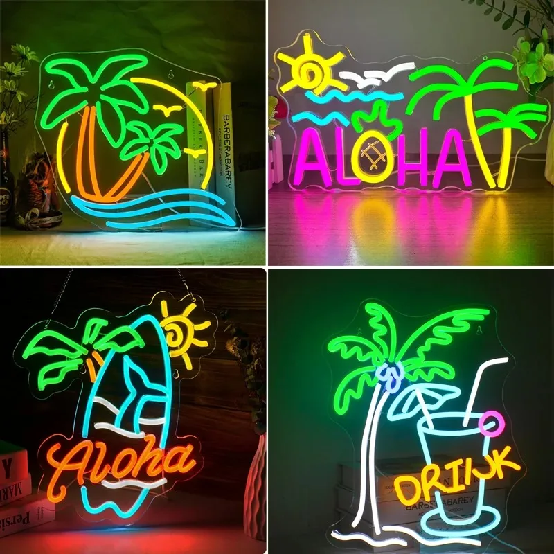 Coconut Tree Dolphin Neon Sign for Wall Decor Dimmable Neon Light for Tropical Hawaii Hawaii Party Tiki Bar Beach Party Birthday