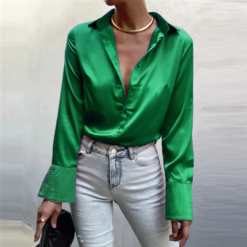 Langarm Bluse Tops Frauen Shirt Grüne Taste Up Revers Lose Satin Camisas Elegante Frühling Sommer Büro Damen Shirts Top