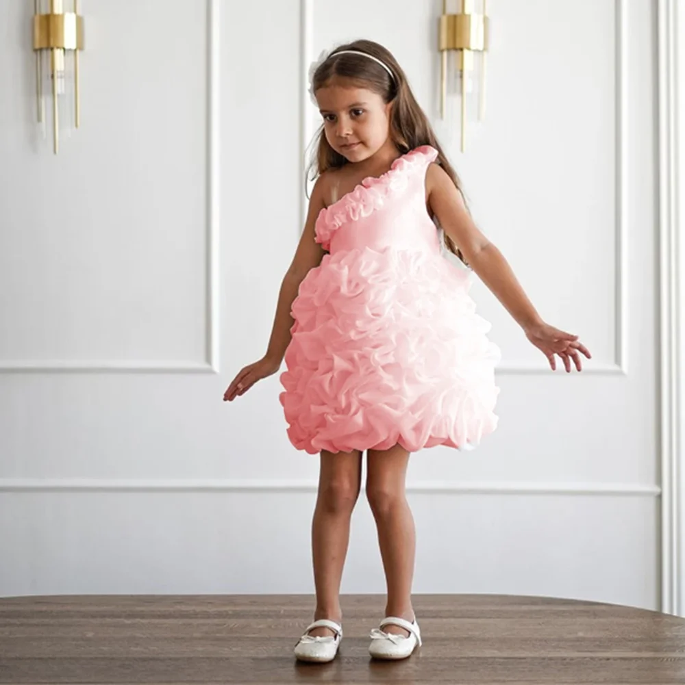 Pleat One Shoulder Sleeveless A Line Short Formal Wedding Party Flower Girl Dress Mini Length Elegant First Communion Gown New