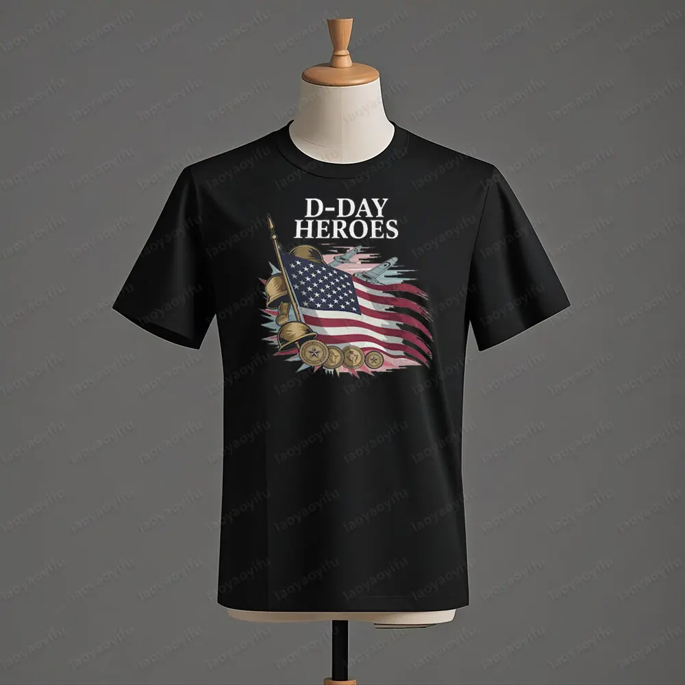 D Day Heroes T Shirt American Flag WW2 Tshirt Military Apparel Veteran Remembrance Day T Shirt Men Crewneck Cotton Short Sleeve