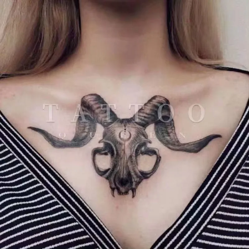 Goat Head Skull Tattoo Stickers for Women Man Chest Art Temporary Tattoos Lasting Waterproof Punk Totem Fake Tattoo Stickers