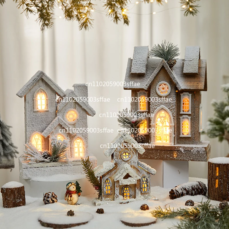 Christmas Wooden House Luminescent House Decor Nordic Glowing Snow Cabin Desk Ornament Window Display Village for Holiday Scene