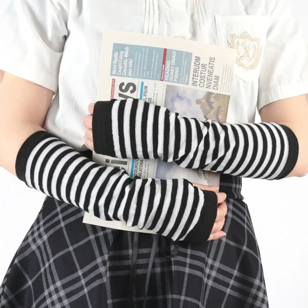 Black White Gothic Punk Anime Thin Soft Gloves JK Girls Mittens Oversleeve Man Women Cuff Fingerless Arm Warmers Accessories