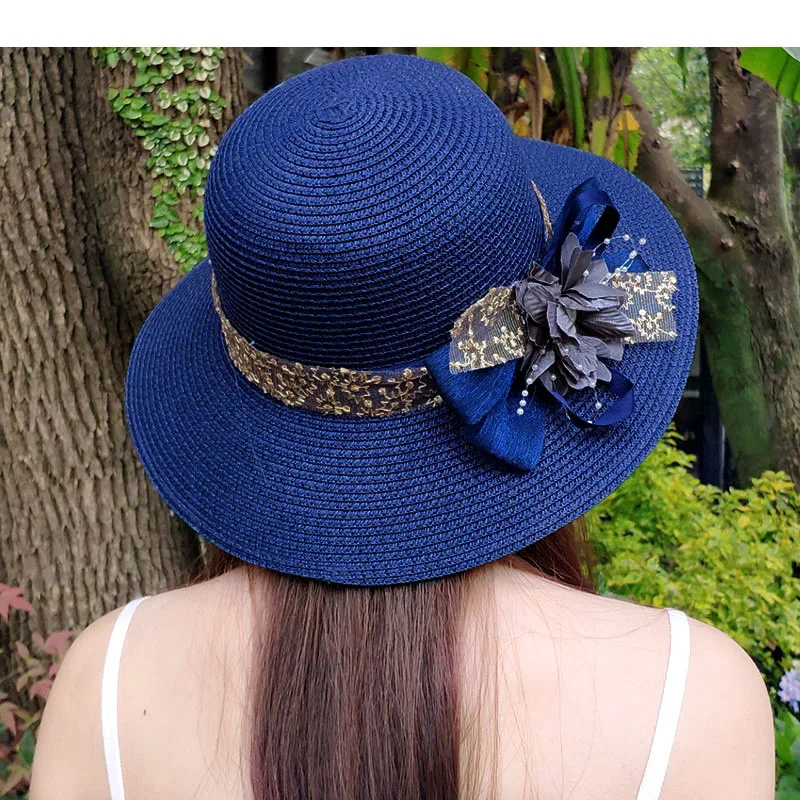 Fashion Women Summer New Women\'s Sun Hat Bucket Cap Beige Lace Bowknot Flowers Ribbon Flat Top Straw Hat Beach Caps Panama Gift