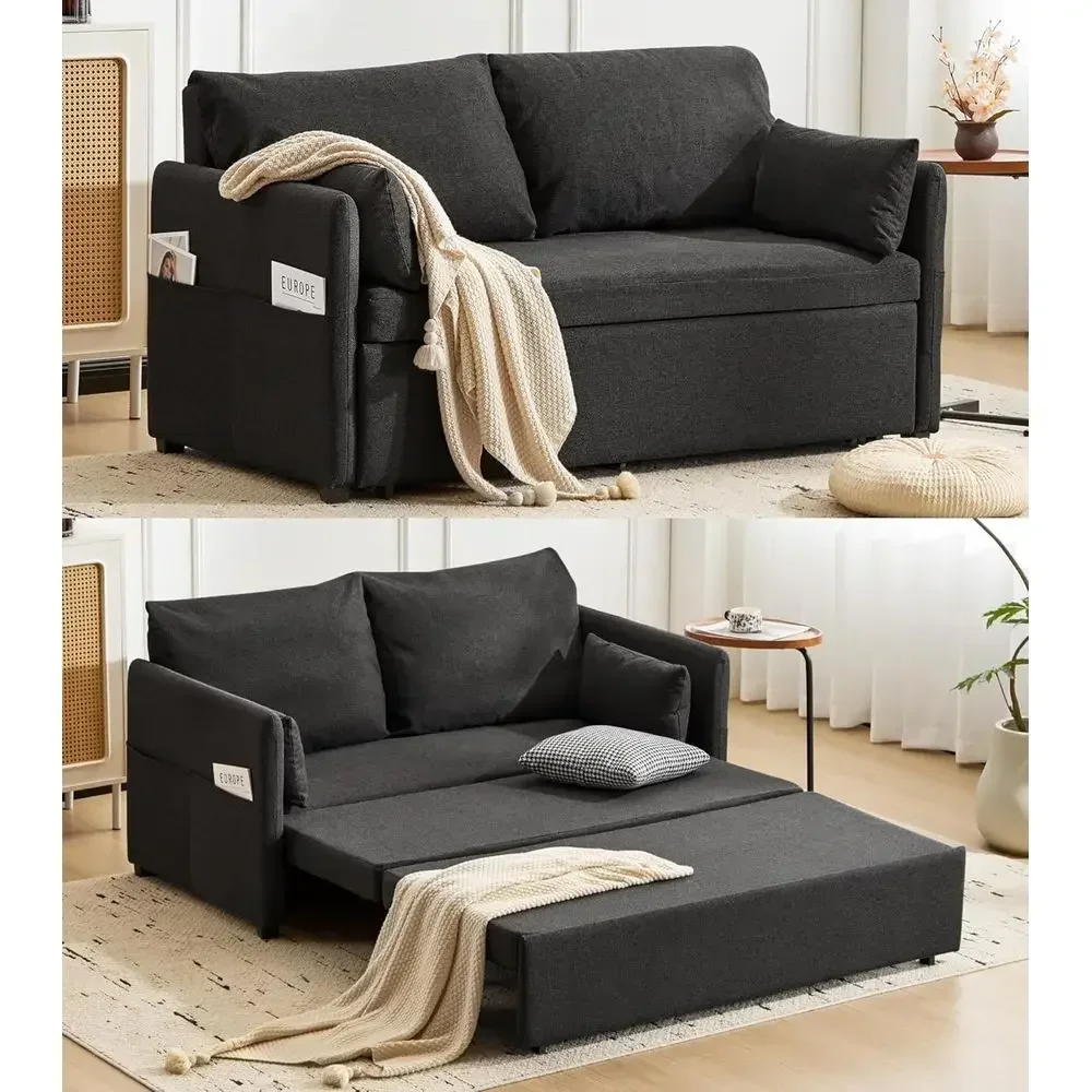 Queen Size Sleeper Sofa with Pull-Out Bed, 3-in-1 Convertible Loveseat, 6-Position Adjustable Backrest, Linen Fabric Couch for L