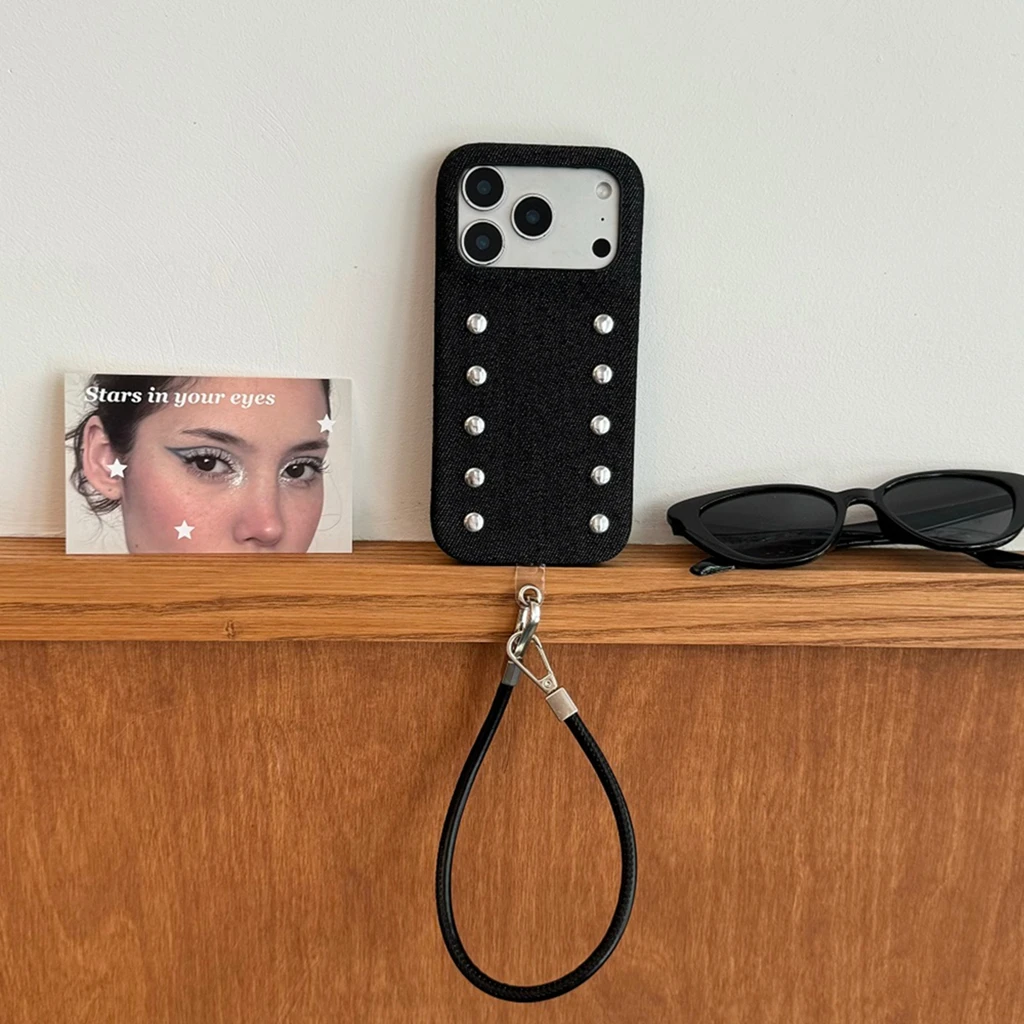 Retro Punk Style Cowboy Rivet With Artificial Leather Lanyard Shockproof Protective Phone Cover Case for iPhone 17 16 15 Pro Max