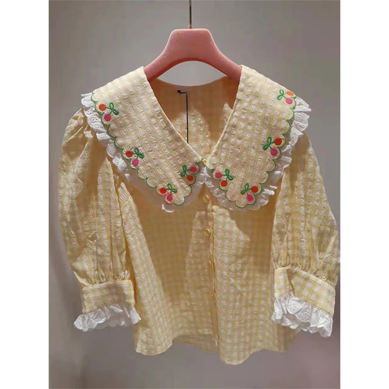 Kawaii Plaid Shirts Women Japanese Cute Cropped Lace Patchwork Blouses Summer Fashion Embroidery Puff Short Sleeve Design Tops view 3