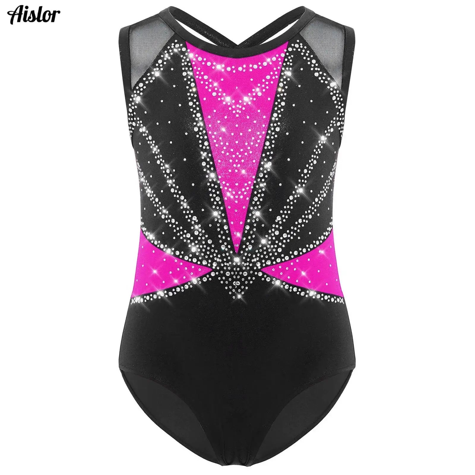 

Kids Girls Gymnastics Leotard Round Neck Sleeveless Crisscross Back Shiny Rhinestones Color Block Bodysuit Performance Dancewear