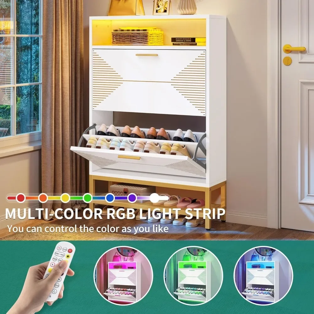 Shoe Cabinet,Modern Free Standing Tipping Bucket Rack Organizer with 2 Flip Drawers&LED Lights, Shoe Storage