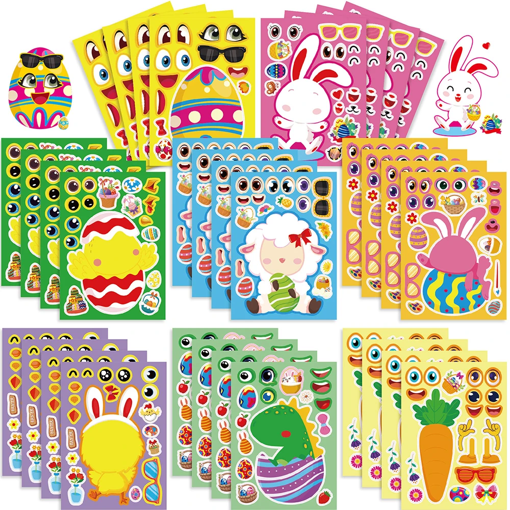 8/16Sheets Easter Cartoon Puzzle Stickers Cute Egg Rabbit Make a Face Decals DIY Fridge Suitcase Journal Assemble Jigsaw Sticker