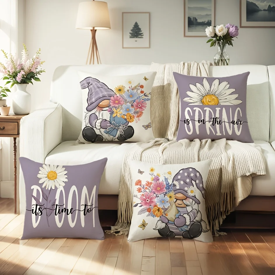 1/4pcs Spring-Themed Gnome & Flower Printed Pillowcases Sofa cushion cover home bedroom room decoration