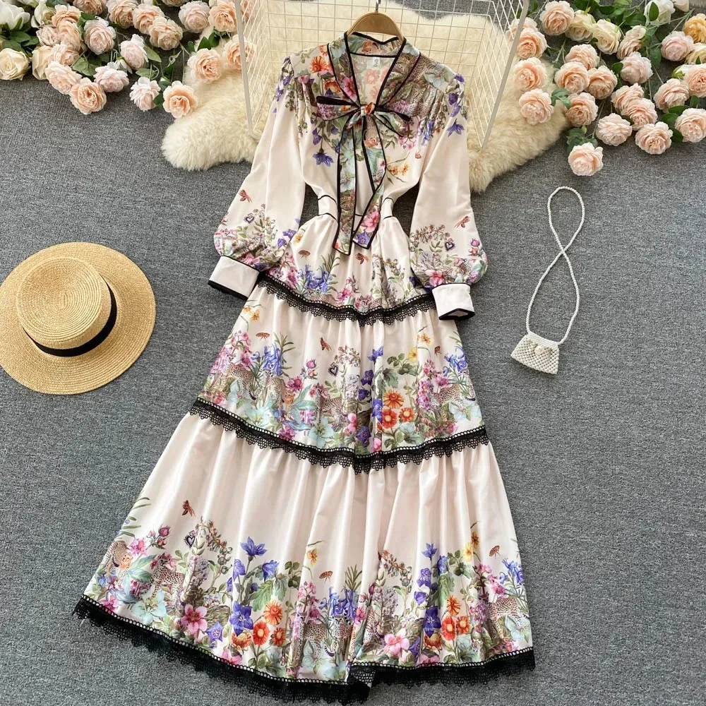 Elegant Long Sleeves Vintage Bow Neck Lace-up Chic Print Lace Spliced Slim Dresses Evening High Street Autumn Winter Clothing