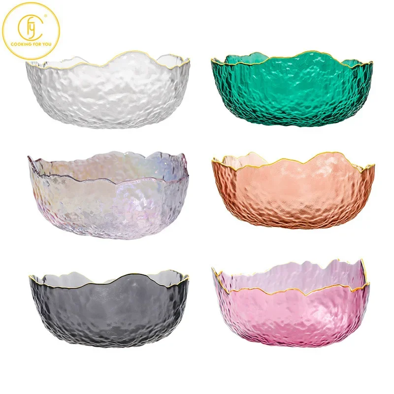 300/800/1000ml 3pcs Set Glass Salad Bowl with Golden Frame Kitchen Vegetable Noodle Fruit Irregular Food Storage Bowl Tableware