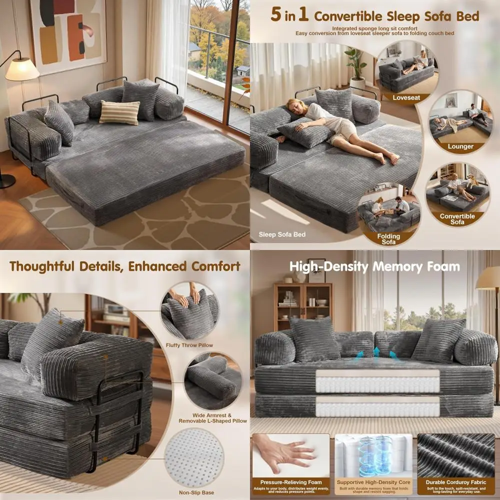 

Convertible Sleeper Sofa Bed with Pillows, Corduroy Foldable Mattress Couch, Futon Sofa Bed, Boneless, Comfortable Living Room F