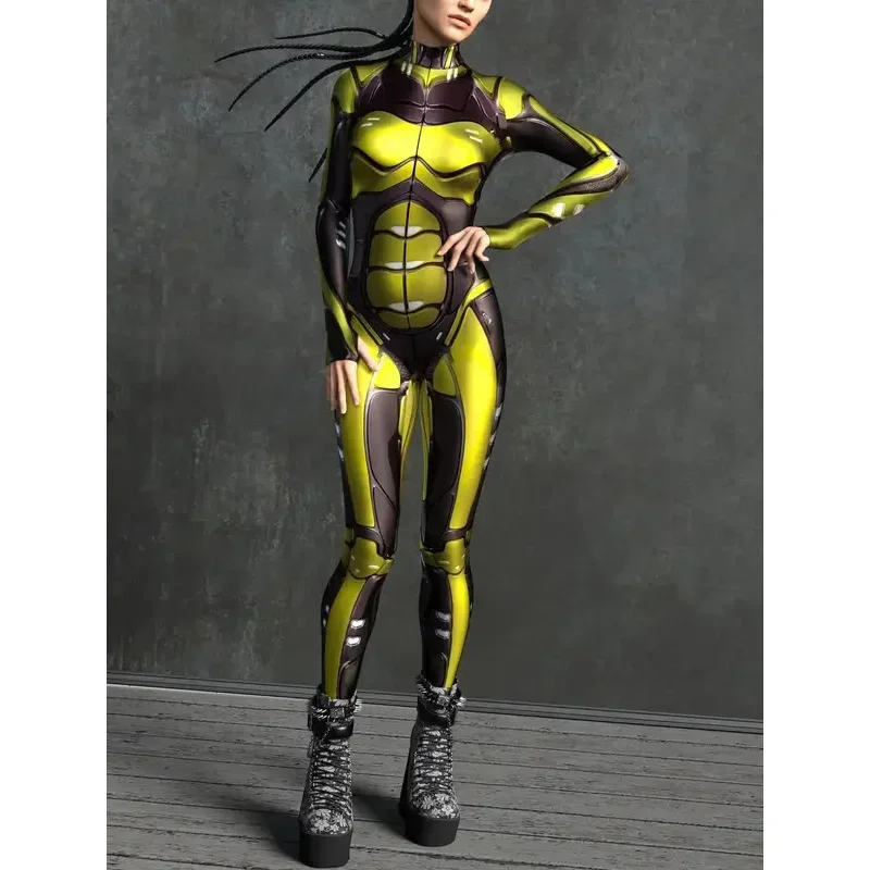 بدلة Catsuit الميكانيكية CyberPunk بدلة نسائية بسحاب Zentai ثلاثية الأبعاد بدلة الهالوين أزياء حفلات الألعاب النسائية التأثيرية