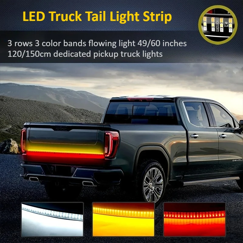Hot selling 12V Tailgate Light Bar Pickup Truck Rear Taillight Multi-function Three-row Flowing Light Lamp Tube Truck Modificati
