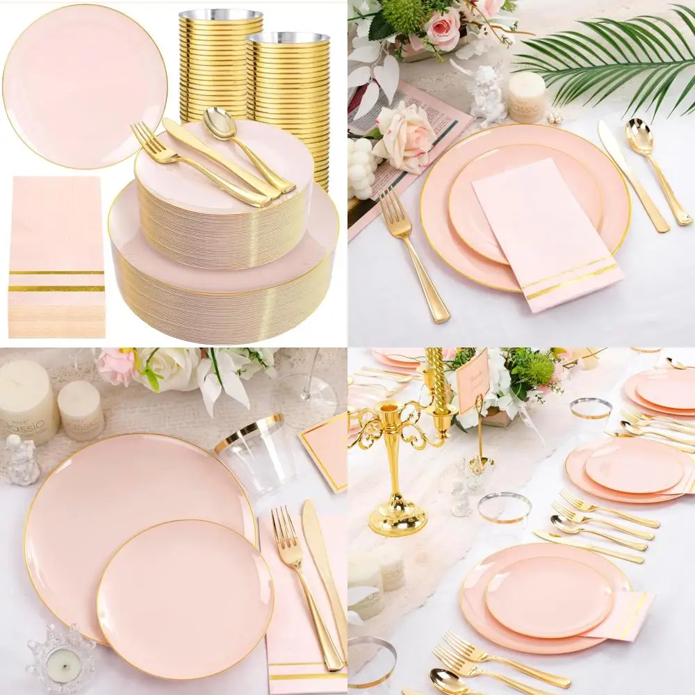 

Pink and Gold Plastic Dinnerware Set for 50 Guests - 50 Dinner Plates, 50 Dessert Plates, Disposable Party Plates
